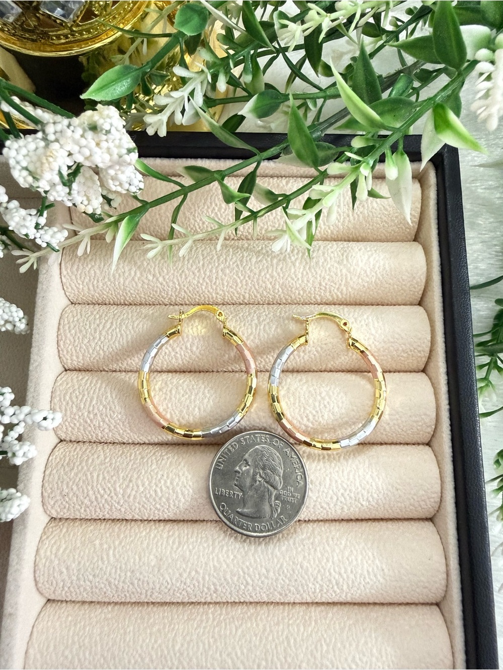 18k gold plated Tri-Tone Hoop Earrings- Gold, Silver, Rose Gold - Picture 3 of 3
